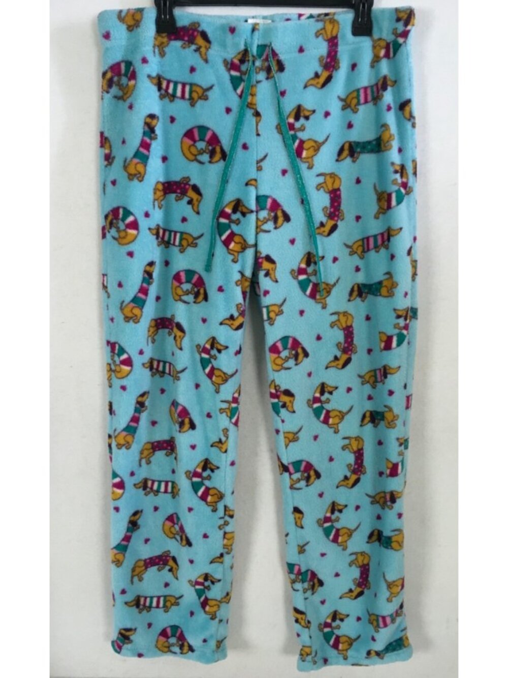 Secret Treasures Fleece Pajama Bottom Size L Blue w Dachshund Wiener Dogs Hearts